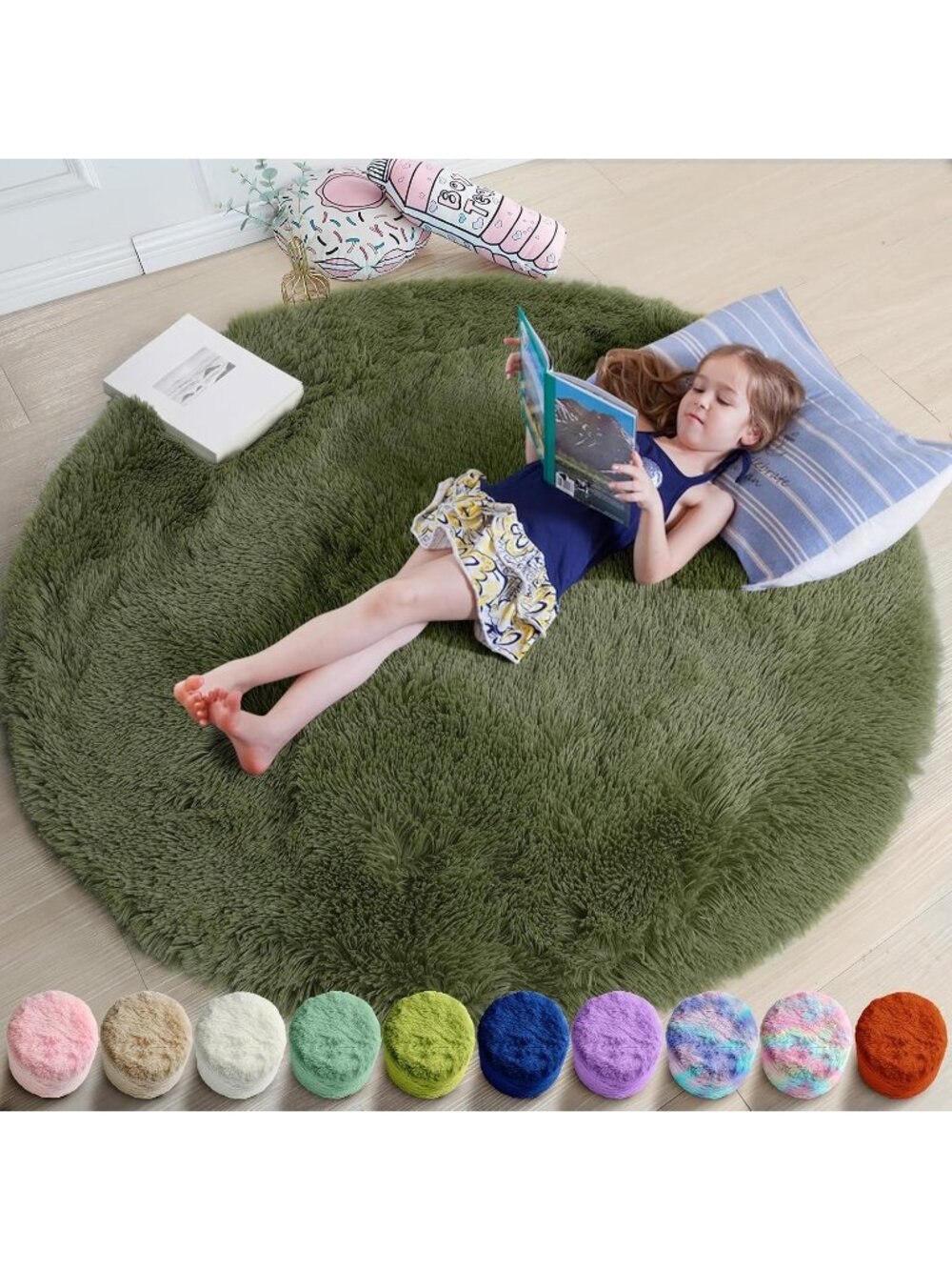 〽️Olive Green Round Shag Area Rug 4Ft Bedroom Living Room Office Fluffy Carpet